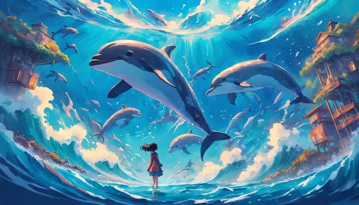 Painting of a pod of dolphins swimming in colorful ocean, Look up at the composition，sky whales, Inspired by Cyril Rolando, dreamy psychedelic anime, colorful anime movie background, A beautiful artwork illustration, author：Shitao, colorful concept art, Ma...