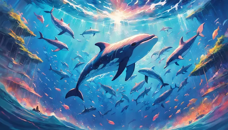 Painting of a pod of dolphins swimming in colorful ocean, Look up at the composition，sky whales, Inspired by Cyril Rolando, dreamy psychedelic anime, colorful anime movie background, A beautiful artwork illustration, author：Shitao, colorful concept art, Ma...