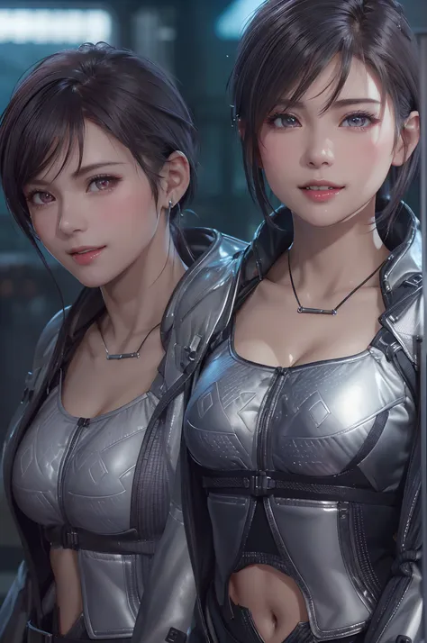 (8k, photorealistic, RAW photo, top quality: 1.4), (1girl), super beautiful, (realistic face), (boyish, silver-colored berry short hair), beautiful cyberpunk suit, glares seducing viewer, beautiful expression, beautiful breasts, (realistic skin), beautiful...