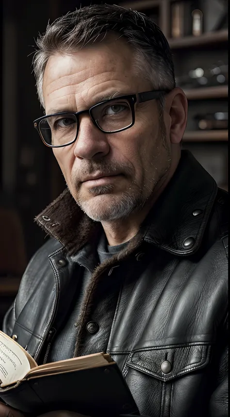 (editorial photograph 9:16of a working man sitting in his living room in, bearded, serious doing his reading, 47 years old, brown eyes), (wearing worn and worn winter shirt, wearing old worn black leather jacket, wearing glasses, detailed:1.3), (highly det...