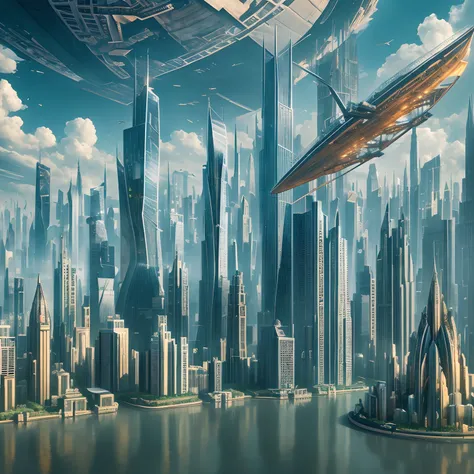 "Floating City": An ethereal metropolis suspended in the clouds, towering skyscrapers, Intricate bridges, and airships gliding between buildings, surrealism, color field printing, High detail, hyper HD, 8K, Anatomically correct, cinematic lighting 4d quali...