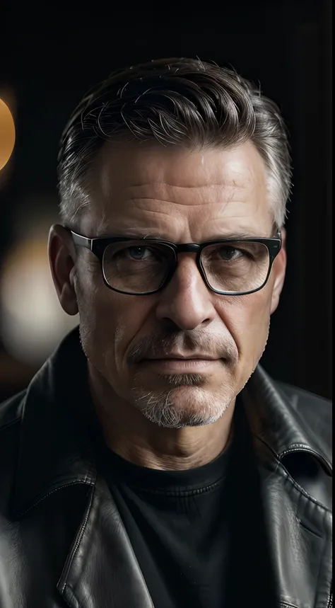 (editorial photograph 9:16of a working man sitting in his living room in, bearded, serious doing his reading, 47 years old, brown eyes), (wearing worn and worn winter shirt, wearing old worn black leather jacket, wearing glasses, detailed:1.3), (highly det...