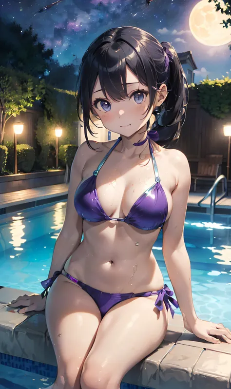 (Master masterpiece、extremely fine and beautiful、The ultra -The high-definition、Ultra-high power of 8 kilometers:2)、(Girl In The Water:1.4)、(Clarity Metallic Purple Brazilian Bikini:2)、(Transparent skin:1.6)、(Long ponytail hair:1.8)、(Beautiful eyes:1.8)、、(...