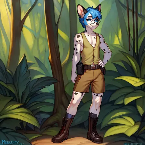 solo, standing, male, ((hair, snout)), canine, big , , by meesh, by chelodoy, by spuydjeks, by vexstacy, dalmation, smiling, blue eyes, glasses, standing in a rainforest, slim, weak, thin, skinny, tan vest, utility belt, khaki cargo shorts, big black boots...