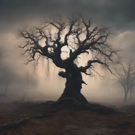 hyper realistic, silhouette of a spooky tree without leaves, gloomy environment