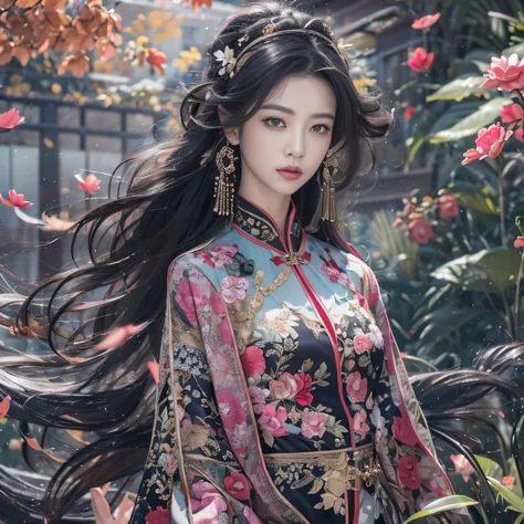 32K（tmasterpiece，k hd，hyper HD，32K）Long flowing black hair，ponds，zydink， a color，  Xuzhou people （Binding girls）， （Silk scarf）， Combat posture， looking at the ground， long whitr hair， Floating hair， Carp pattern headdress， Chinese long-sleeved cheongsam， （...