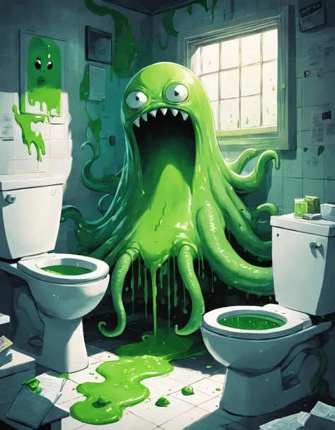 green slime alien blob with tentacles,invasion of green slime alien blobs popping out of the toilet,background:small bathroom,1toilet,1window,checkerboard floor,mess,newspapers,(green slime blasts),