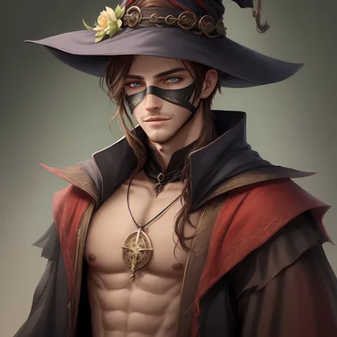 male witch, handsome, brown hair, bicolor eyes, left eye green iris, right eye green iris, masked