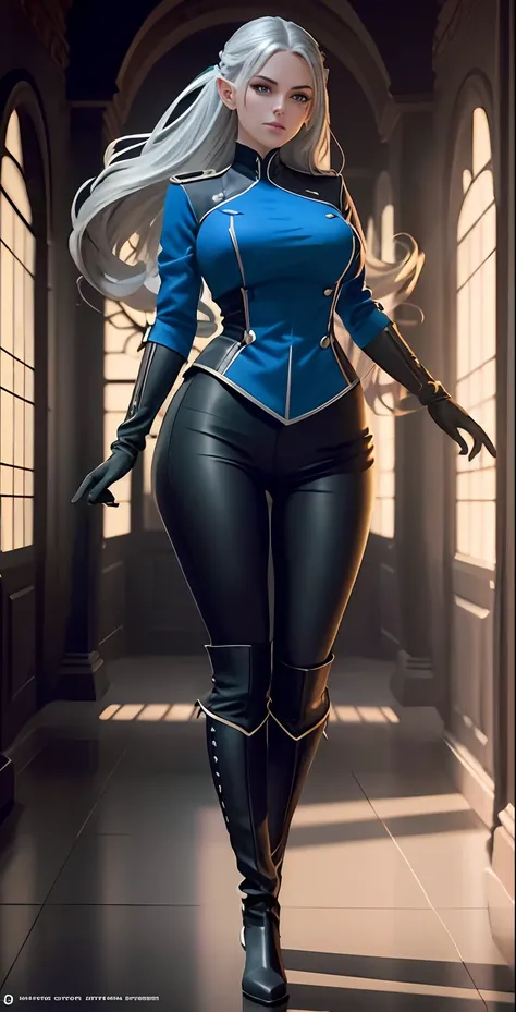 full body portrait of beautiful 1girl, solo, elf ((milf)), (very long) silver hair, tied in a knot, dark blue uniform, black knee-high riding leather boots, leggings, Anime style photo, Manga style, Digital art, glow effects, Hand drawn, render, 8k, octane...