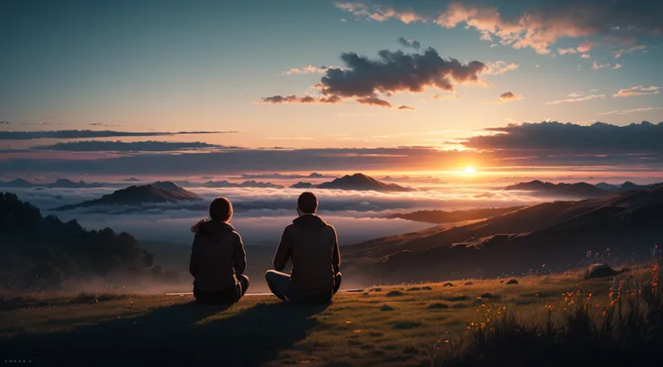 (sunraise:1.5), A couple sitting on the top of a hill, (ultra-detailed:1.5), 32k, cinematic angle, floating, (detailed light), beautifully detailed sky, (lighting particle), fog, snow, (painting), (sketch), lifelike texture, Hires upscale: 1.7, Hires upsca...