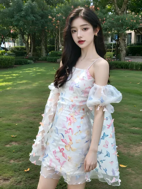 woman in dress standing in the garden, translucent dress, cute colorful adorable, aesthetic cute with flutter, dreamy dress, mot...