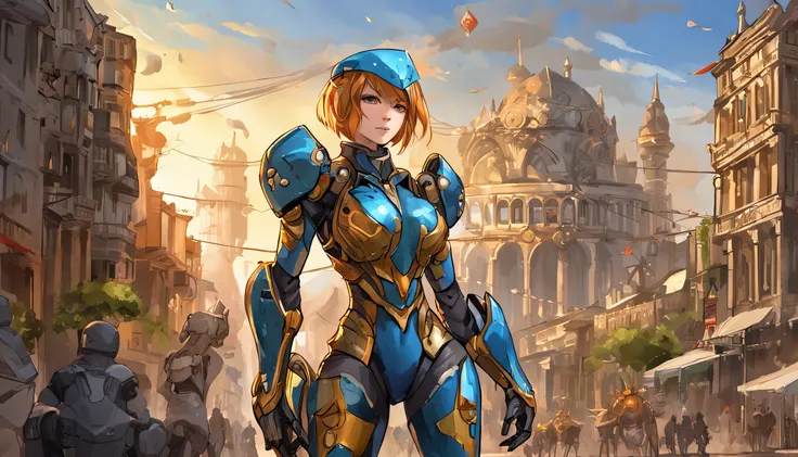 Just a beautiful woman, wearing mecha+medieval armor+black Samus Aran costume with golden metallic parts, blue hair, extremely short hair, hair with bangs in front of the eyes, helmet on the head, looking at the viewer, (((extroverted pose interacting and ...