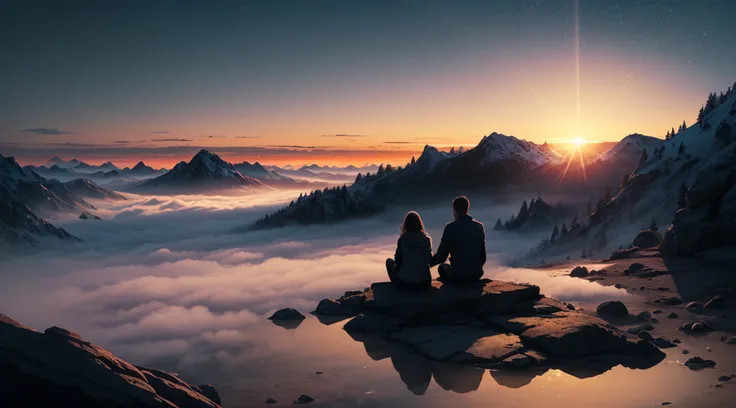 (sunraise:1.5), A couple sitting on the top of a hill, (ultra-detailed:1.5), 32k, cinematic angle, floating, (detailed light), beautifully detailed sky, (lighting particle), fog, snow, (painting), (sketch), lifelike texture, Hires upscale: 1.7, Hires upsca...