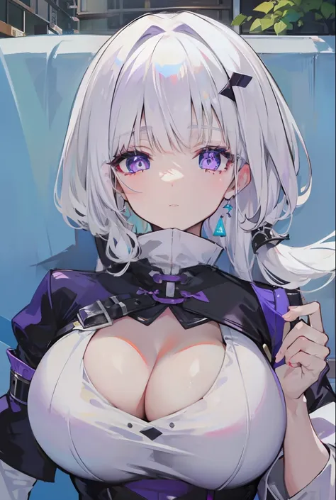 White hair, large breasts, purple pupils，Moe girl