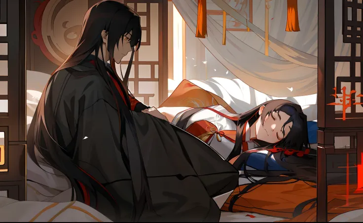 Anime scene where a woman lies in bed and a man sleeps on it, flowing hair and long robes, by Yang J, Guviz-style artwork, yiqiang and shurakrgt, full-body wuxia, Wuxia, trending on cgstation, author：Qu Leilei, heise jinyao