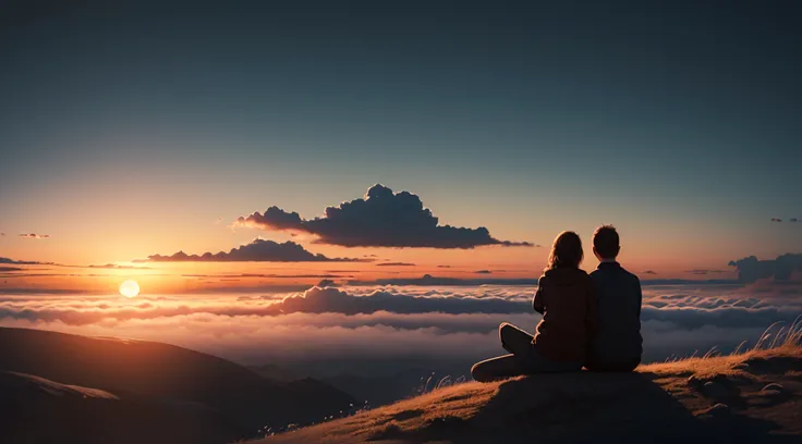 (sunraise:1.5), A couple sitting on the top of a hill, (ultra-detailed:1.5), 32k, cinematic angle, floating, (detailed light), beautifully detailed sky, (lighting particle), fog, snow, (painting), (sketch), lifelike texture, Hires upscale: 1.7, Hires upsca...