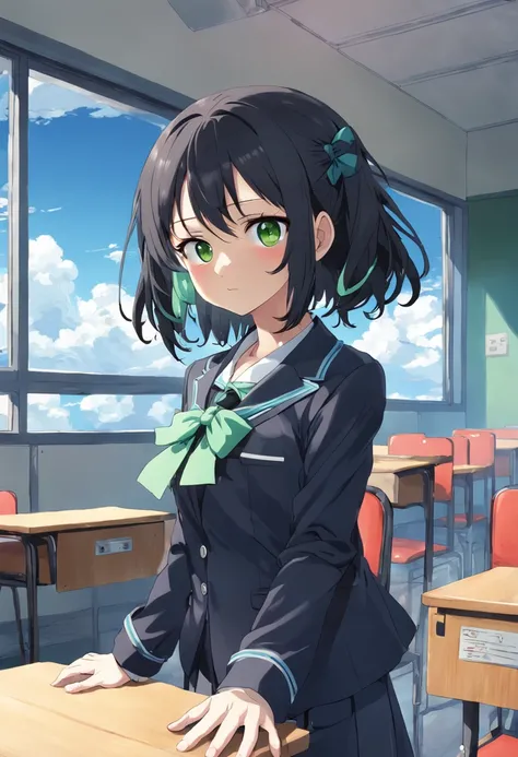 1girl, black_hair, blazer, blue_sky, bow, chair, classroom, clenched_hands, cloud, day, desk, green_bow, hair_bow, indoors, jacket, long_sleeves, looking_outside, open_window, otonokizaka_school_uniform, railing, red_eyes, rei_no_pool, school_desk, school_...