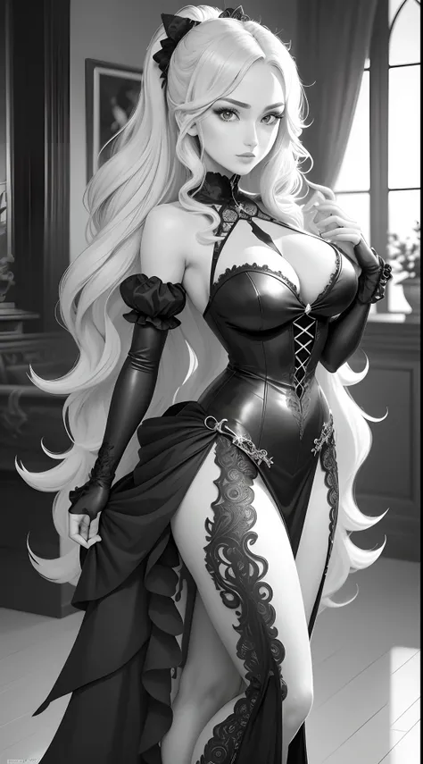 Black and white line art coloring page of a beautiful woman in the style of anime realism, wavy hair and perfect slim fit body, masterpiece digital art with gothic animecore influence, berry, vibrant, living room, highly detailed gothic style background, e...