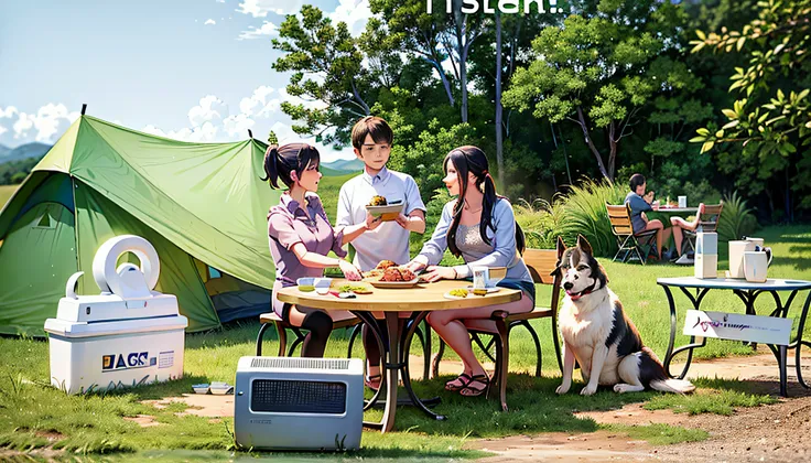 There were three people and a dog sitting at a table,Family dinners，Gourmet temptation, Outdoor camping, Al fresco dining, Haggis for hot pot, illustration, a cartoon illustration,grass field，with blue sky and white clouds，Camping tents