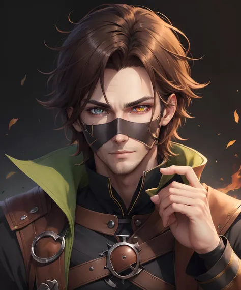 male witch, handsome, brown hair, bicolor eyes, left eye green iris, right eye green iris, masked,anime