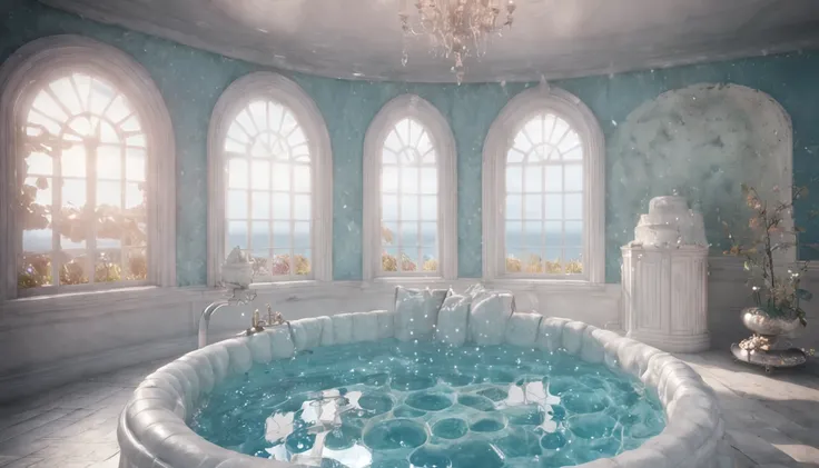 There is a bubble tub in a bathroom with a window, beautiful detailed fantasy, fantasy seascape, Bubbling Underwater Landscape, highly detailed magical fantasy, Fairy tale style background, Beautiful render from a fairy tale, Stunning Fantasy 3D render, Ma...