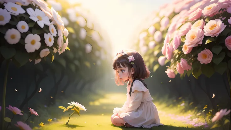 A cute little girl is sitting among the flowers, looking down at a flower, flowers of various kinds, varying colours