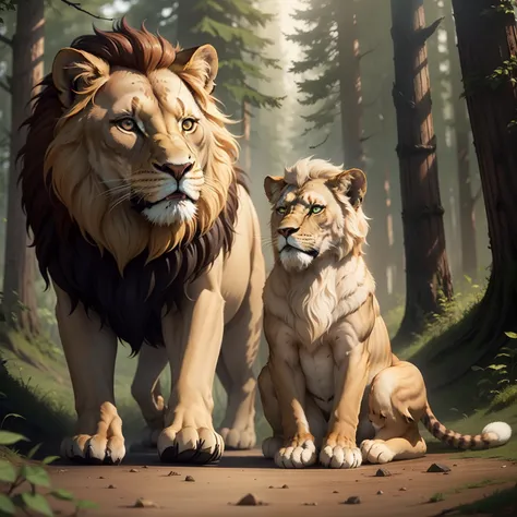 Father Lion,baby lion,forest,