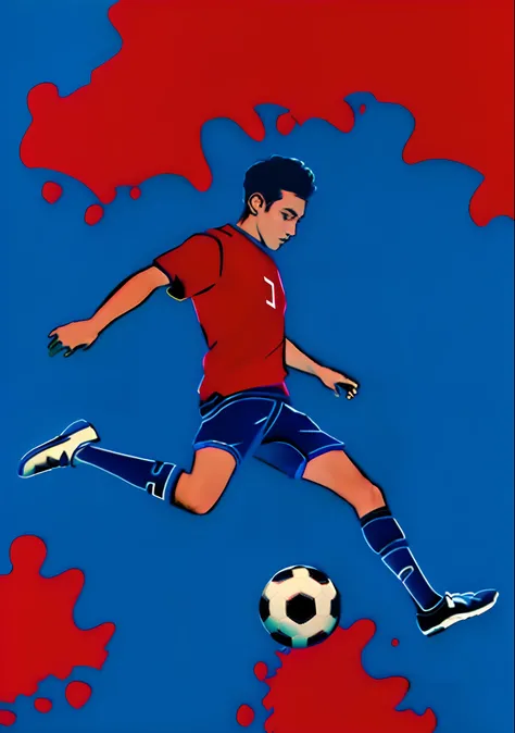 soccer player，Red T-shirt，blue short pants，