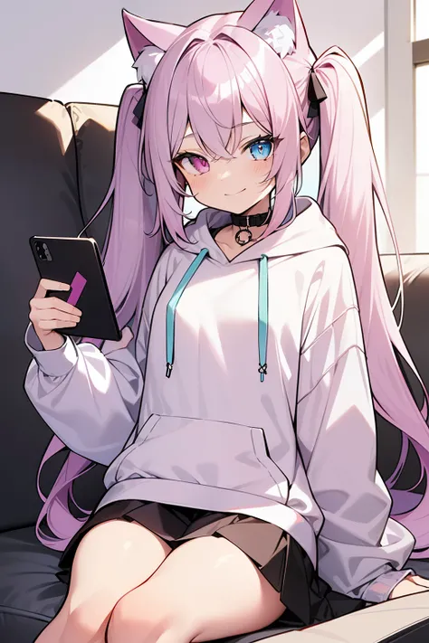 masterpiece, best quality, 1girl, solo, light purple hair, long hair, twintails, Heterochromia, ((pink right eye)), ((light blue left eye)), a cat ears, ((Lying on the sofa)), ((holding a smartphone)), cute big hoodie, light blue hoodie, a knee-length hood...