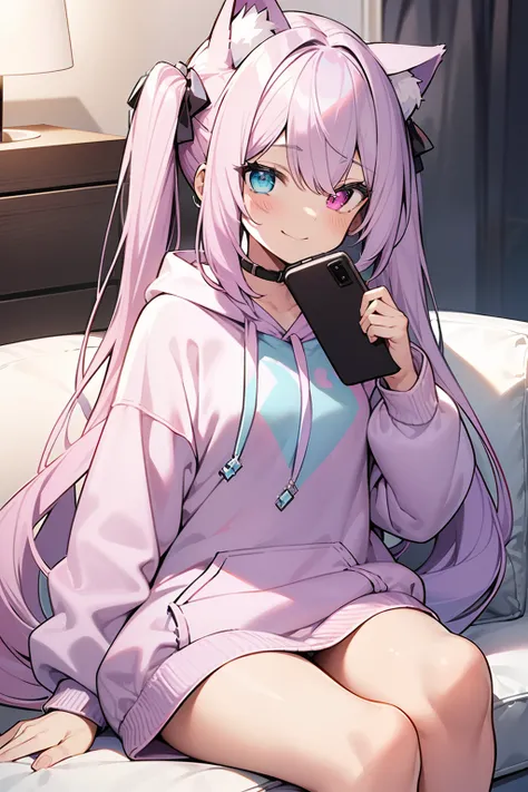 masterpiece, best quality, 1girl, solo, light purple hair, long hair, twintails, Heterochromia, ((pink right eye)), ((light blue left eye)), a cat ears, ((Lying on the sofa)), ((holding a smartphone)), cute big hoodie, light blue hoodie, a knee-length hood...