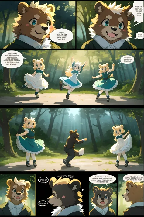 top quality, best quality, highres, masterpiece, super high resolution, detailed background, forest(super cute 1girl, bear, pair)singing, dancing, waltz, absurdres(highly detailed beautiful face and eyes)perfect anatomy, good lighting, cinematic shadow(kem...