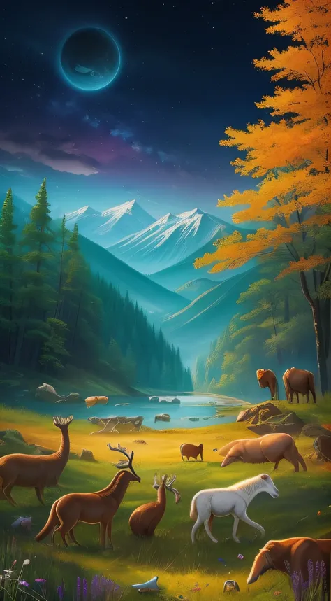 make a poster landscape embodying the essence of the wild and its inhabitants, allowing the watcher to feel connected to the spirit of the animal kingdom,( include many different animals)), colorful and bold, (((many animals are there)))