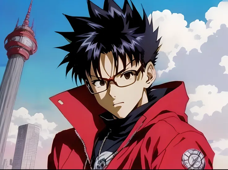 A closeup of a person with glasses and a red jacket, Trigun, Tetsuo, Akira, Tetsuo futurista, Dorohedoro, Coringa se parece com Naruto, hunterxhunter, Hunter x Hunter, em uma obra-prima de anime, Estilo Akira Toriyama, Anime de hoje ainda em destaque, Anim...