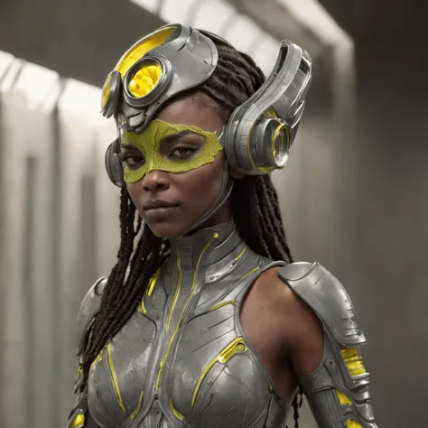 (professional 3d render:1.3) af (Realistic:1.3) most beautiful artwork photo in the world，african woman wearing a mask and yellow ridged and contoured organic costume with glass dome visor, organic surrounding flowers and plants, movie still of the alien g...