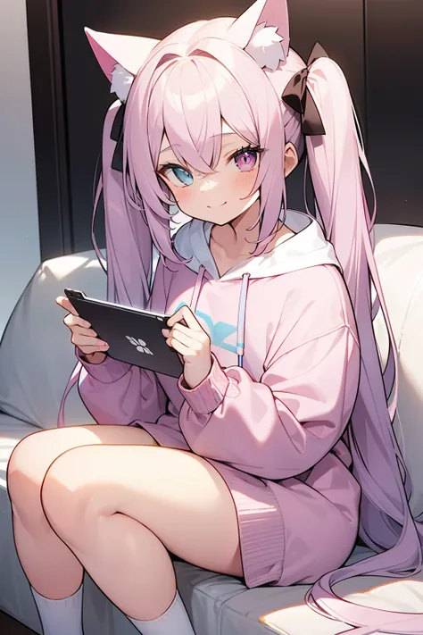 masterpiece, best quality, 1girl, solo, light purple hair, long hair, twintails, Heterochromia, ((pink right eye)), ((light blue left eye)), a cat ears, ((Holding a tablet with both hands)), sitting on the sofa, sitting with ones knees curled up, cute big ...