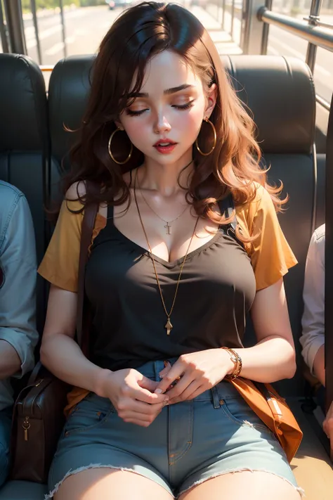 1 beautiful woman, adult, large body, red lips, brown hair, semi-wavy hair, made-up eyelids, outlined eyelids, hoop earrings, small necklace, neckline, blouse, orange blouse, neckline, jean shorts, black bag, sleeping sitting on the bus, mouth open, eyes c...