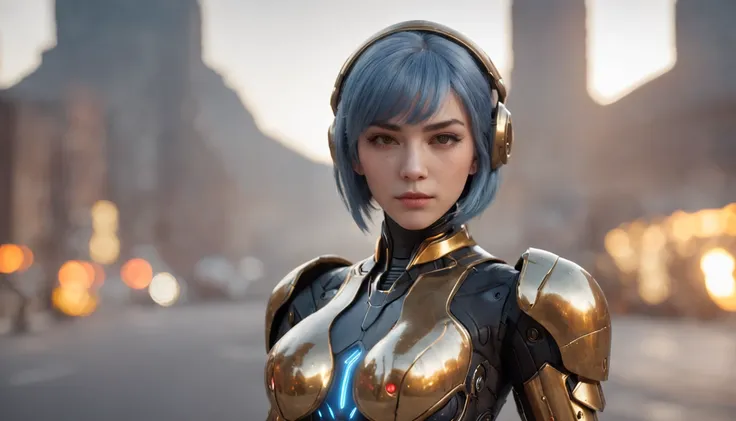 Just a beautiful woman, wearing mecha+medieval armor+black Samus Aran costume with golden metallic parts, blue hair, extremely short hair, hair with bangs in front of the eyes, helmet on the head, looking at the viewer, (((extroverted pose interacting and ...