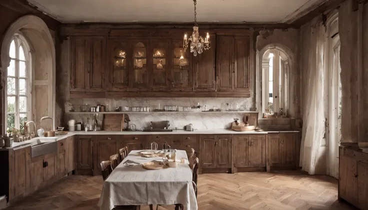 There is a Kitchen with a Sink and a Window, Polished Mansion Kitchen, Angled View of Antique Kitchen Backdrop, Still Photo, Antique Kitchen Backdrop, Rustic, by Leo Goetz, by Dietmar Damerau, by Sebastian Spreng, by Sigmund Freudenberger, by Petr Brandl, ...