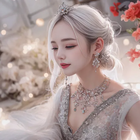 Good quality， tmasterpiece， A high resolution， 1girll，Chinese wedding dress，White hair shiny hair accessories，choker necklace，jewely，beauitful face，after sexing_Body，Tyndall effect，realisticlying，Red holiday room edge lighting，twotonelighting，（highdetailsk...