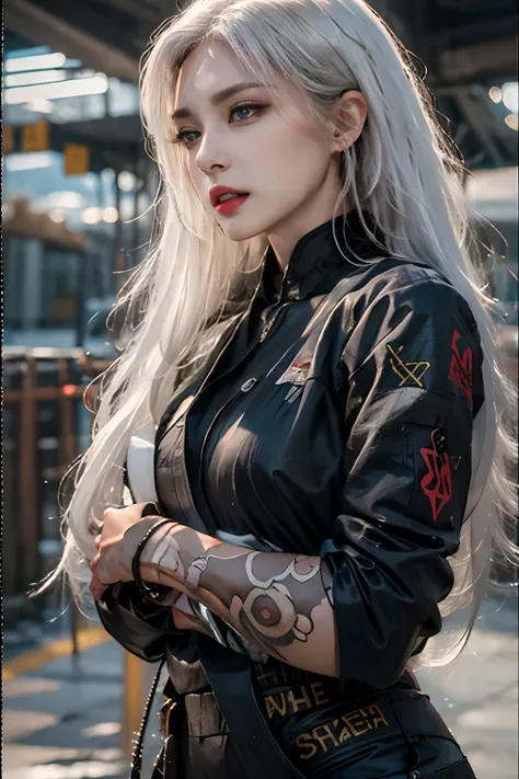 Photorealistic, High resolution, 1womanl, Solo, hips up high, look at viewr, (Detailed face), White hair, Long hair, Black business suit, Mafia, The tattoo, Jewelry