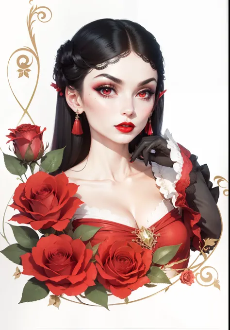 obra-prima, alta resolução, 8k, vampira, mulher bonita e elegante, pale pocelain skin, cabelos negros iluminados, red lips and eyes, olhar sedutor, rosas vermelhas, Ultra high resolution, detalhes insanos