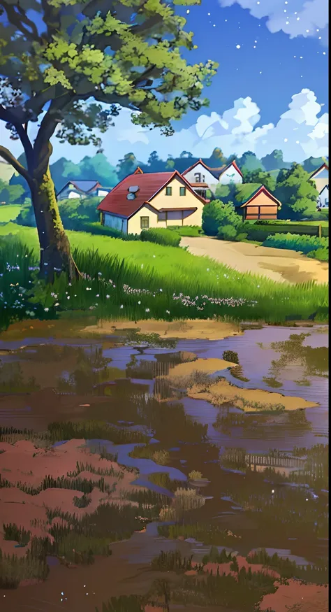 there is a painting of a farm of a house, anime countryside landscape, anime landscape concept art, anime background art, anime ...