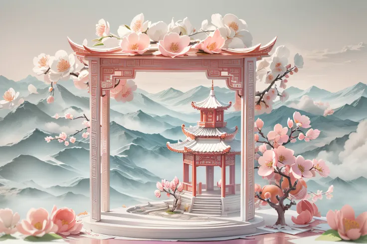 gazebo,(Paper carving:1.5),Tilt-Shift,  (Sea of white clouds:1.3), (White clouds:1.3), (peach blossom:1.2), Mountains, Soft lighting，Oriental elements, Dreamy, Pastel colors, Bright colors, Traditional Chinese color scheme, ( reasonable design, Clear lines...