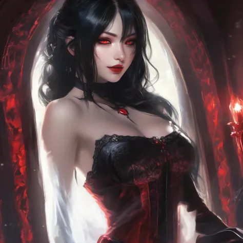 Beautiful female vampire with black hair bob cut, Red Eyes, A slightly open mouth has a glimpse of canines、Beautiful woman with long black hair with fangs on shiny neck、Photorealsitic、highcontrast、masutepiece