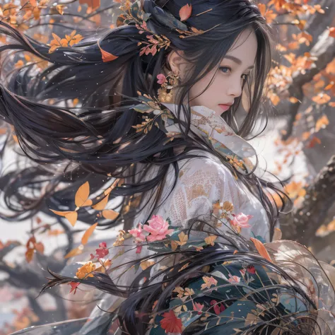 32K（tmasterpiece，k hd，hyper HD，32K）Long flowing black hair，ponds，zydink， a color，  Xuzhou people （Silly girl）， （Silk scarf）， Combat posture， looking at the ground， long whitr hair， Floating hair， Carp pattern headdress， Chinese long-sleeved clothing， （Abst...