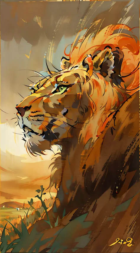 Above the steppe，A noble and mighty lion，a warm color palette，low-saturation