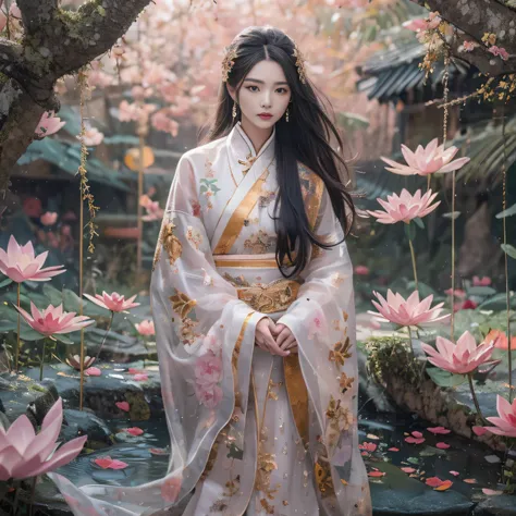 32K（tmasterpiece，k hd，hyper HD，32K）Long flowing black hair，ponds，zydink， a color，  Xuzhou people （Silly girl）， （Silk scarf）， Combat posture， looking at the ground， long whitr hair， Floating hair， Carp pattern headdress， Chinese long-sleeved clothing， （Abst...