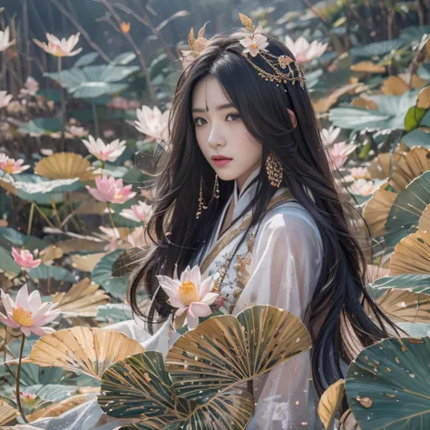 32K（tmasterpiece，k hd，hyper HD，32K）Long flowing black hair，ponds，zydink， a color，  Xuzhou people （Silly girl）， （Light green silk scarf）， Combat posture， looking at the ground， long whitr hair， Floating hair， Carp pattern headdress， Chinese long-sleeved clo...