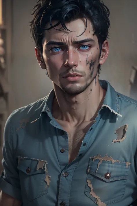 Ultra-realistic 8k image of a thin 25-year-old man, short black hair, dressed in a dirty blue button-up shirt and dirty jeans, suffering expression, injuries, suffering in hell