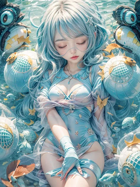 1 small curved loli,blue hair,Lie at the bottom of the sea,full bodyesbian,Surrounded by monsters,Beauty wears transparent gel coat,Small chest,Reveals a slender waist,The lines are perfect,Raised sexy,Blushlush,Alice (Nikke),Spread your legs,Hands touch ...